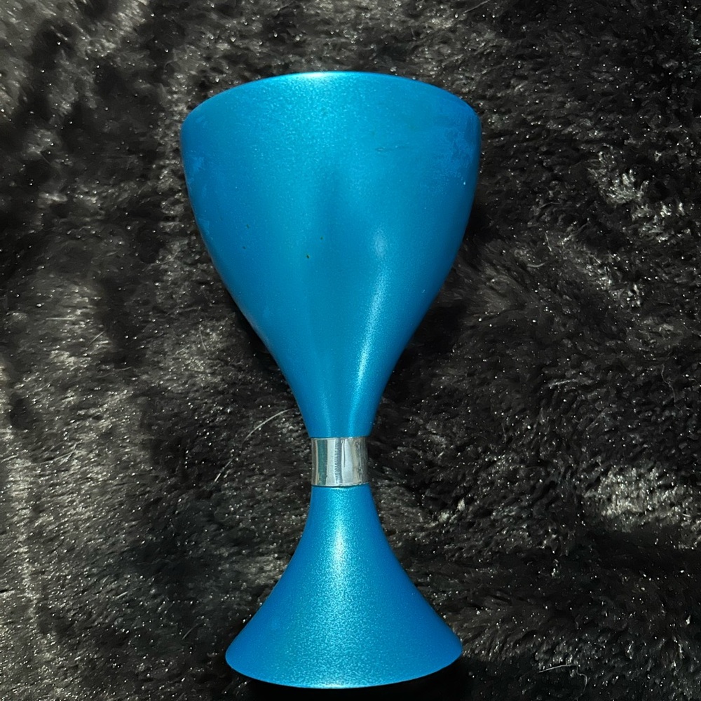 Teal/blue anodized aluminum kiddush cup wine glass.